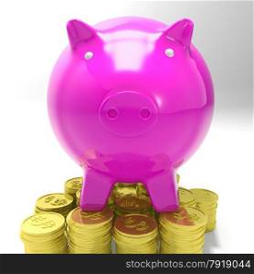 Piggybank On Coins Showing Savings And Profits