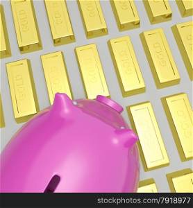 Piggybank On Gold Bars Shows Wealth And Financial Growth