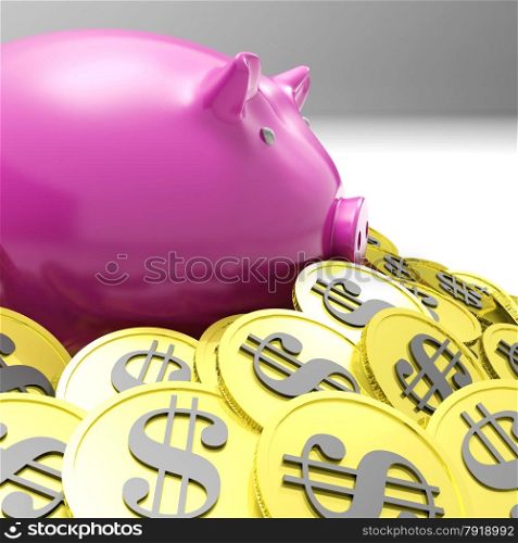 Piggybank Surrounded In Coins Showing American Wealth And Economy