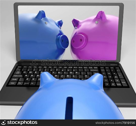 Piggybanks On Notebook Showing Online Transactions And International Exchange
