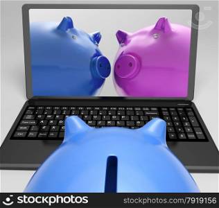Piggybanks On Notebook Showing Online Transactions And International Exchange