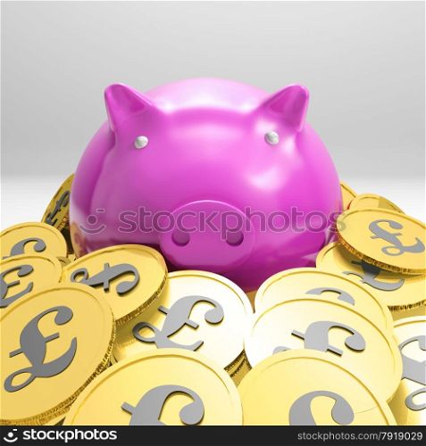 Piggybanks Surrounded In Coins Showing Britain Wealth And Richness