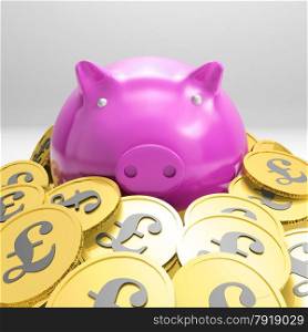 Piggybanks Surrounded In Coins Showing Britain Wealth And Richness