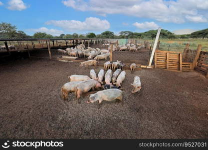 Pigs feeding in pens on a rural pig farm of rural Namibia
