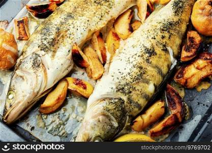 Pike perch roasted with autumn fruits.Baked fish. Baked dietary fish with quince