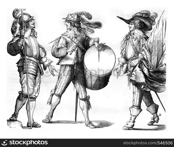 Piker, Drum and Flag Bearer of french Guards in 1635, vintage engraved illustration. Magasin Pittoresque 1858.