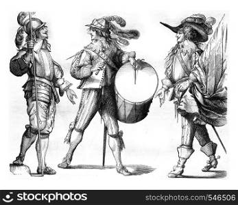 Piker, Drum and Flag Bearer of french Guards in 1635, vintage engraved illustration. Magasin Pittoresque 1858.