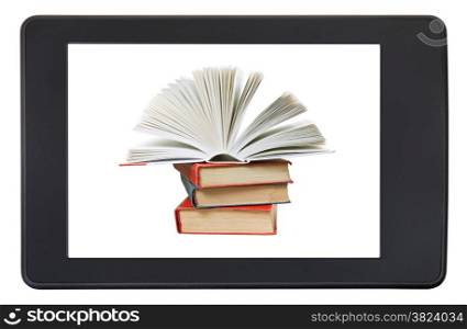 pile books on screen of e-book reader isolated on white background
