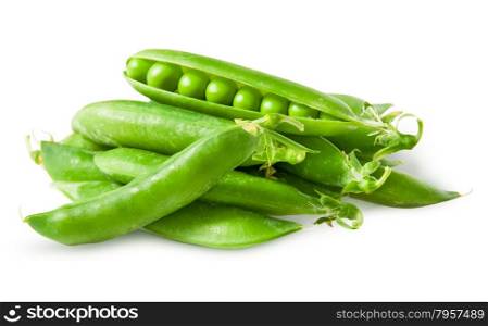 Pile closed pea pods and one open isolated on white background