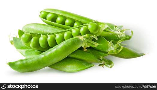 Pile green peas in pods isolated on white background