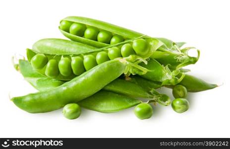 Pile green peas in pods with peas isolated on white background
