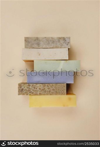 pile homemade soap blocks top view