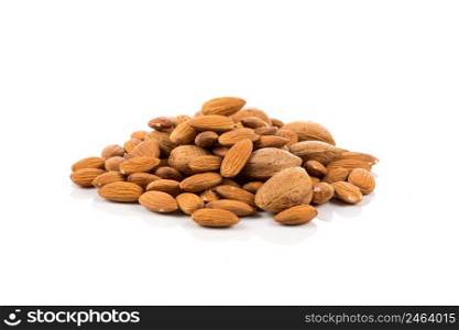 Pile of almonds nuts on a white background