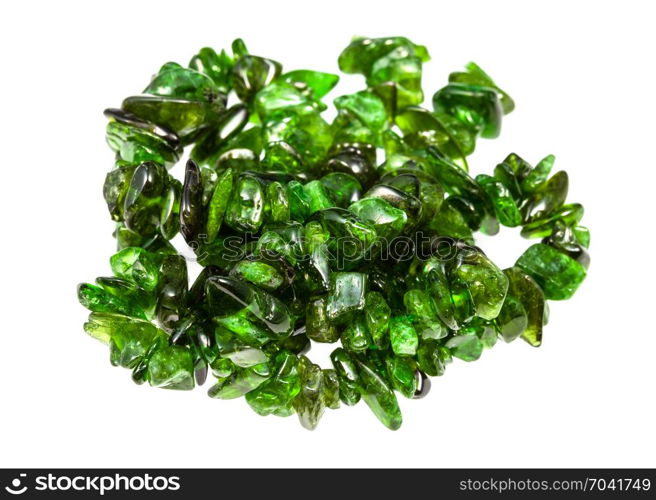 pile of beads from natural chrome diopside crystals isolated on white background