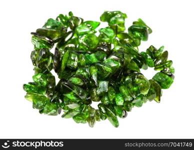 pile of beads from natural chrome diopside crystals isolated on white background