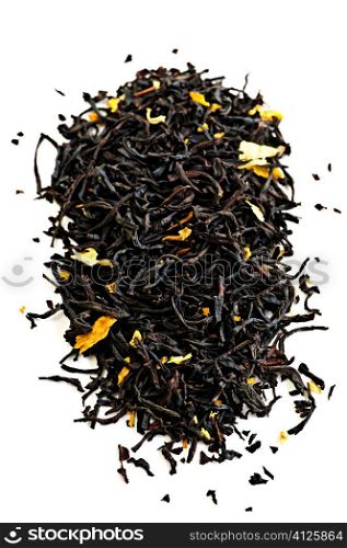 Pile of black tea leaves isolated on white background