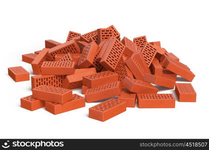 Pile of bricks isolated on white. Construction concept. 3d illustration