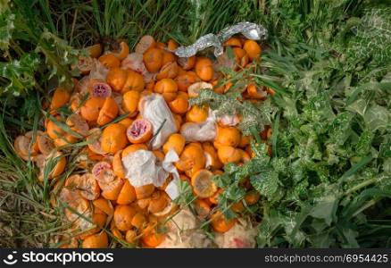 Pile of bright freshly squeezed orange rinds thrown outdoor on green vegetation