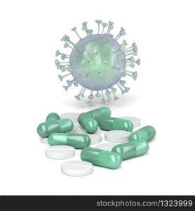 Pile of capsules and pills against the virus