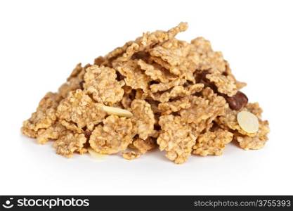 Pile of cereal muesli on white background. Macro shot