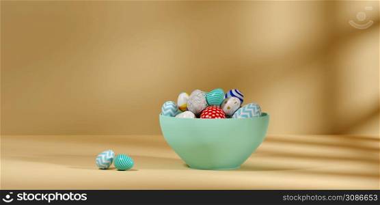 Pile of colored easter eggs on a bowl.3d render