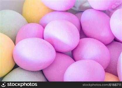 Pile of colorful easter eggs in closeup