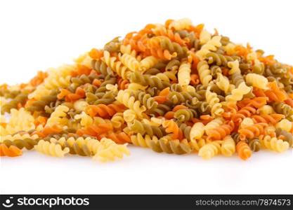 Pile of colorful pasta on white background.