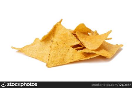 pile of corn tortilla chips or nachos isolated on a white background, close up