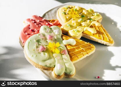 Pile of decorated sugar cookies with glase in a shape of ice cream. Frosting of pastel colors. Close up. Pile of decorated sugar cookies of ice cream shape