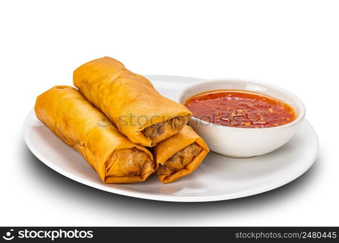 Pile of deep fried Spring Rolls with chili sauce in white ceramic dish on white background with clipping path.