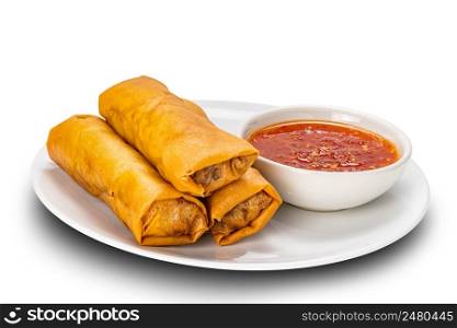 Pile of deep fried Spring Rolls with chili sauce in white ceramic dish on white background with clipping path.