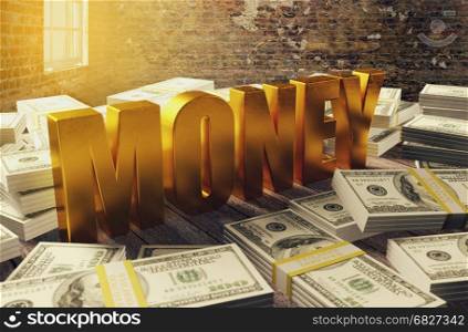 Pile of dollar money with golden money letters, 3D rendering