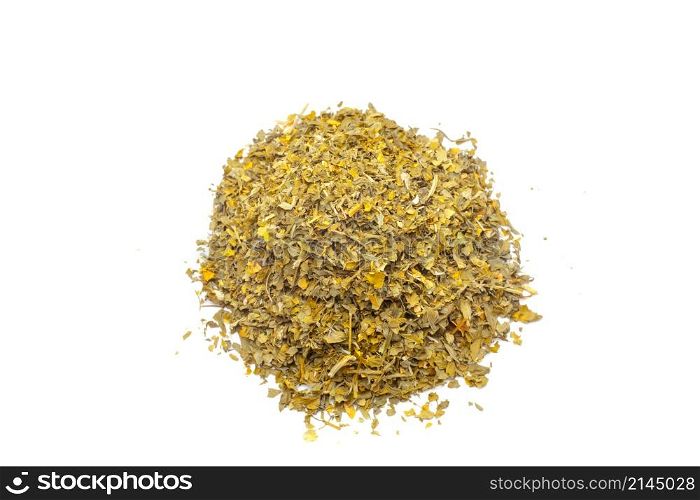 Pile of dried oregano leaves on a white background. Pile of dried oregano