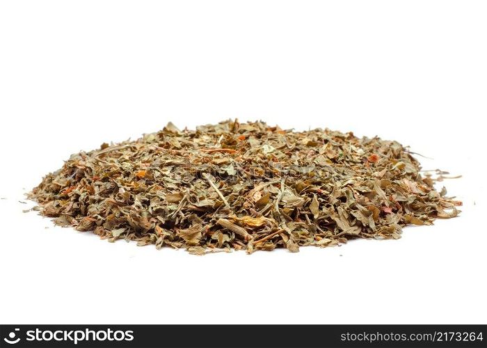 Pile of dried oregano leaves on a white background. Pile of dried oregano 