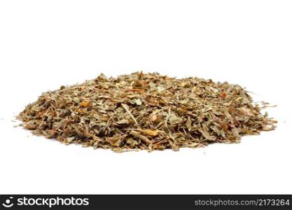 Pile of dried oregano leaves on a white background. Pile of dried oregano 
