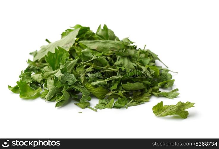 Pile of dried parsley leaves isolated on white
