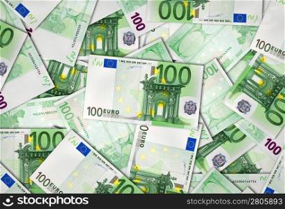 Pile of European Union 100 Euro banknotes pilled together.