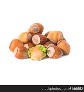 Pile of filbert nuts with green leaf isolated on white background