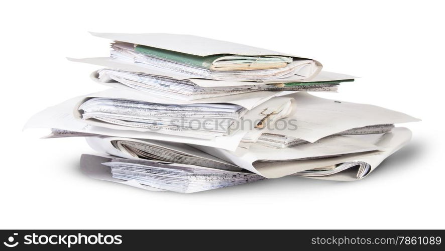 Pile of files in chaotic order rotated isolated on white background