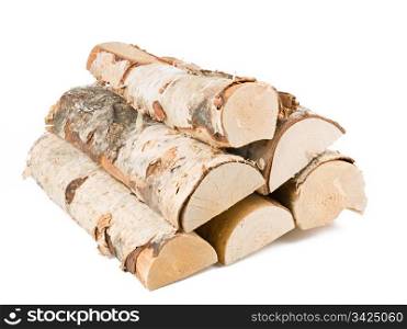 Pile of firewood of birch, white background.