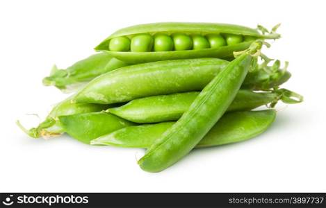 Pile of fresh green peas in the pods isolated on white background