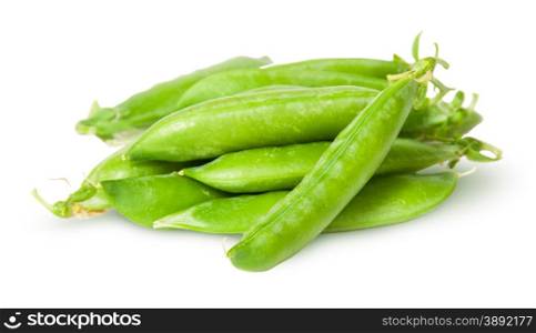 Pile of fresh green peas sugar in the pods isolated on white background