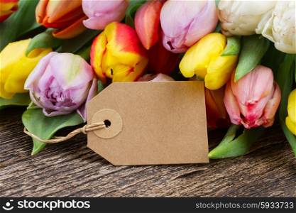 pile of fresh muticolored tulips with empty tag on aged wooden table with copy space. pile of multicolored tulips