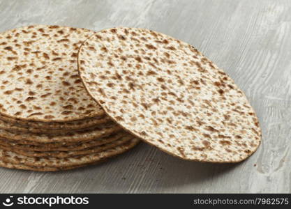 Pile of fresh wholewheat matzah close up