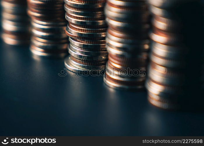 Pile of gold coins money stack in finance treasury deposit bank account saving . Concept of corporate business economy and financial growth by investment in valuable asset to gain cash revenue .. Pile of gold coins money stack in finance treasury deposit bank account saving