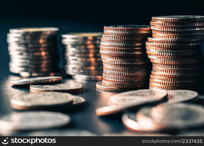 Pile of gold coins money stack in finance treasury deposit bank account saving . Concept of corporate business economy and financial growth by investment in valuable asset to gain cash revenue .. Pile of gold coins money stack in finance treasury deposit bank account saving