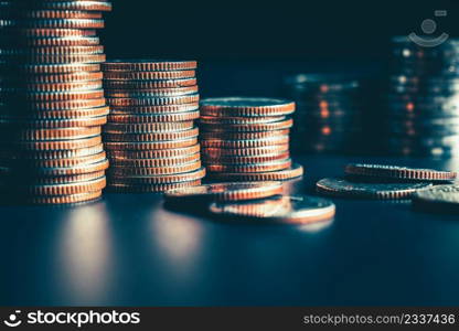 Pile of gold coins money stack in finance treasury deposit bank account saving . Concept of corporate business economy and financial growth by investment in valuable asset to gain cash revenue .. Pile of gold coins money stack in finance treasury deposit bank account saving