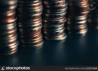 Pile of gold coins money stack in finance treasury deposit bank account saving . Concept of corporate business economy and financial growth by investment in valuable asset to gain cash revenue .. Pile of gold coins money stack in finance treasury deposit bank account saving