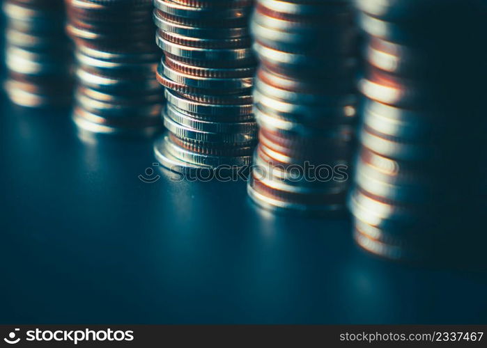 Pile of gold coins money stack in finance treasury deposit bank account saving . Concept of corporate business economy and financial growth by investment in valuable asset to gain cash revenue .. Pile of gold coins money stack in finance treasury deposit bank account saving