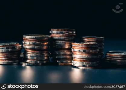 Pile of gold coins money stack in finance treasury deposit bank account saving . Concept of corporate business economy and financial growth by investment in valuable asset to gain cash revenue .. Pile of gold coins money stack in finance treasury deposit bank account saving